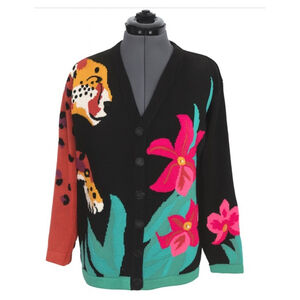 Vintage 90’s Storybook Knits Jungle Leopard Floral Cardigan Sweater Size M NWT